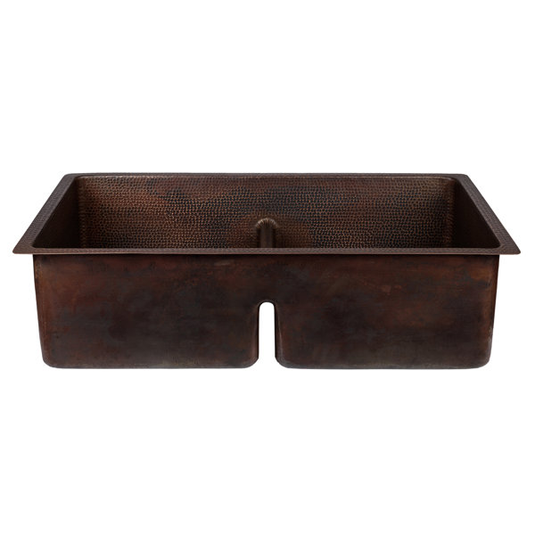 Premier Copper Products 33" Hammered Copper 50/50 Double Basin Kitchen